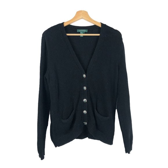 Lauren Ralph Lauren Black Knit Button Cardigan Sweater L - Picture 1 of 7